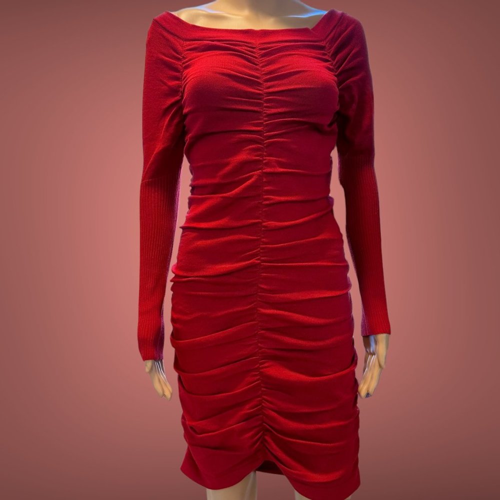 Roma Concepts Knit Bodycon Ruched Dress Size M Red Off Shoulder Stretch